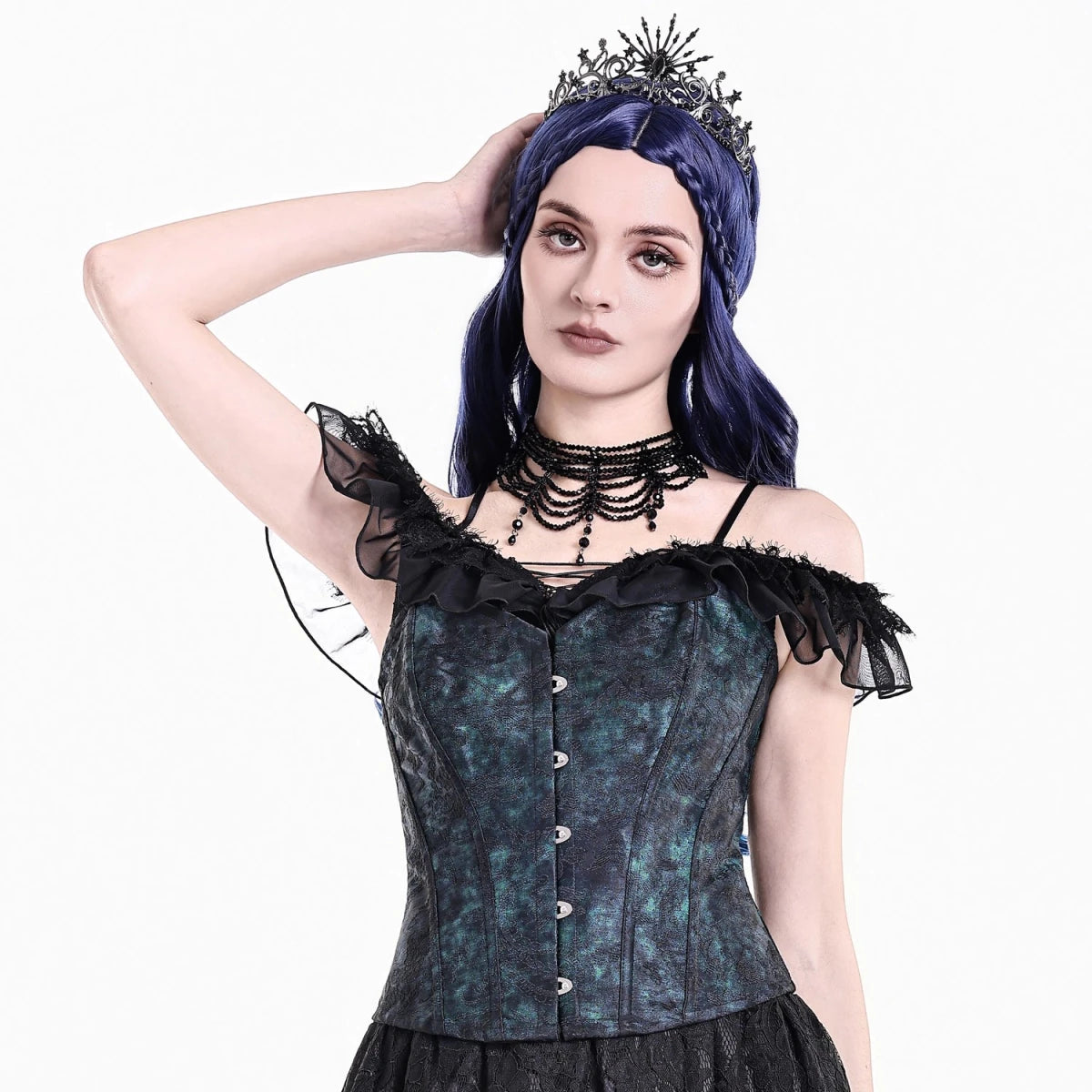 Corsé Overbust Victoriano Brocado Azul Noche - Crazyinlove