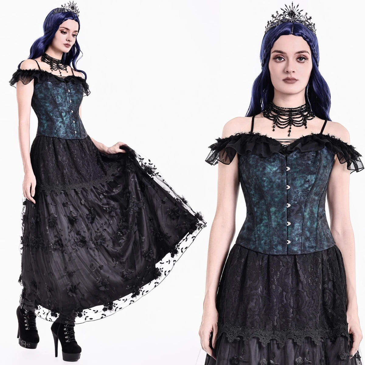 Corsé Overbust Victoriano Brocado Azul Noche - Crazyinlove