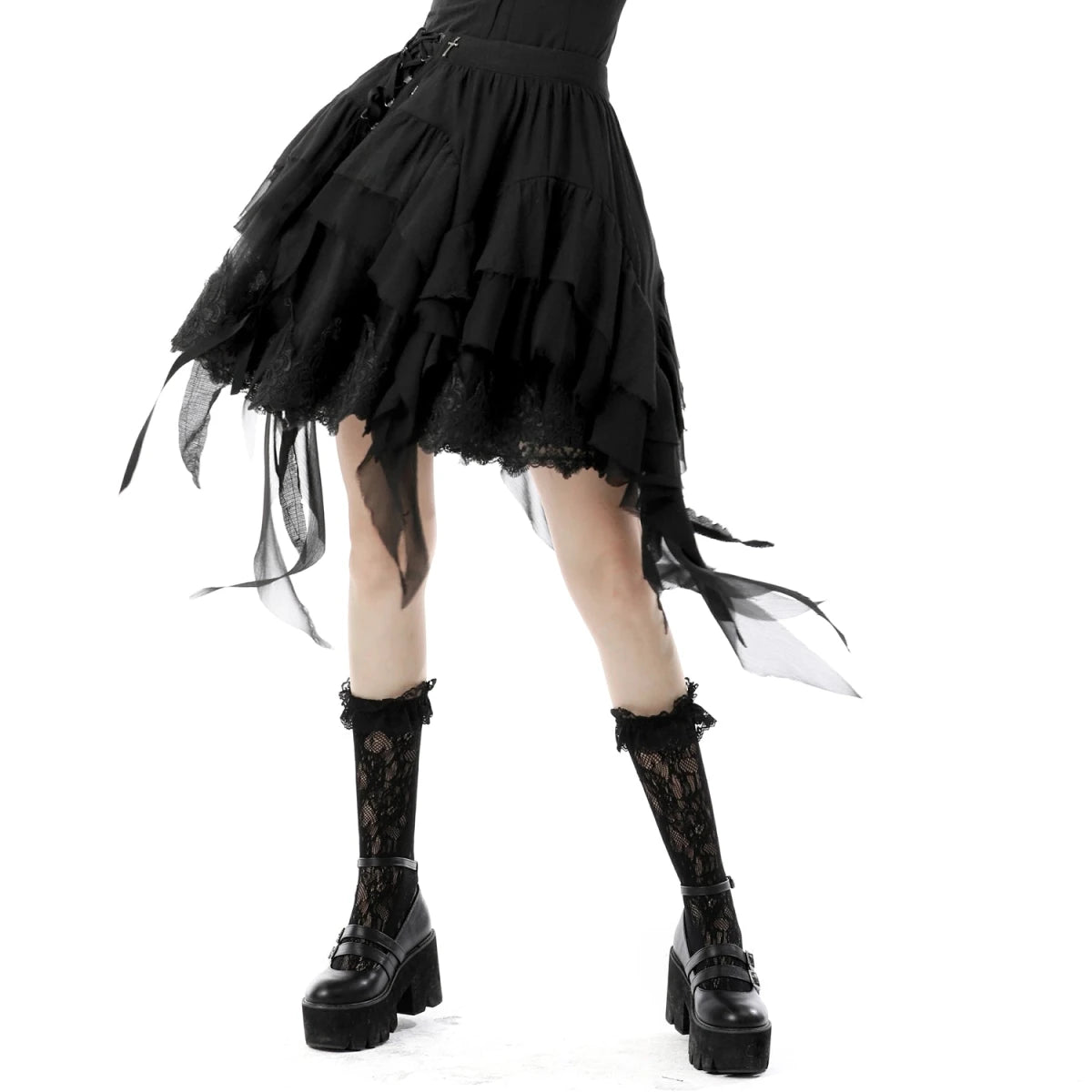 Falda Asimétrica de Tul Negro con Capas y Volantes - Crazyinlove