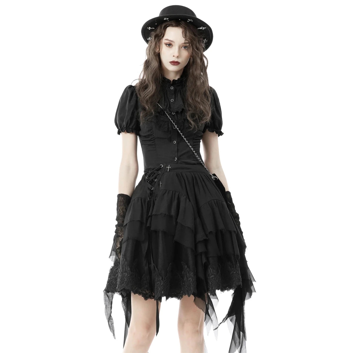 Falda Asimétrica de Tul Negro con Capas y Volantes - Crazyinlove