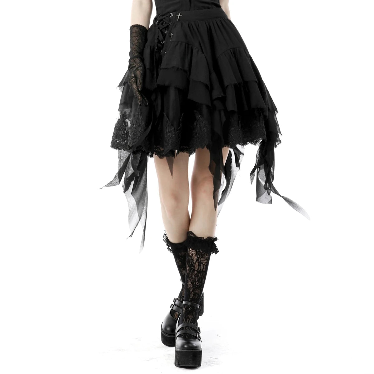 Falda Asimétrica de Tul Negro con Capas y Volantes - Crazyinlove