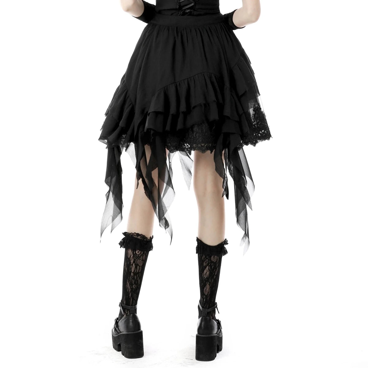 Falda Asimétrica de Tul Negro con Capas y Volantes - Crazyinlove