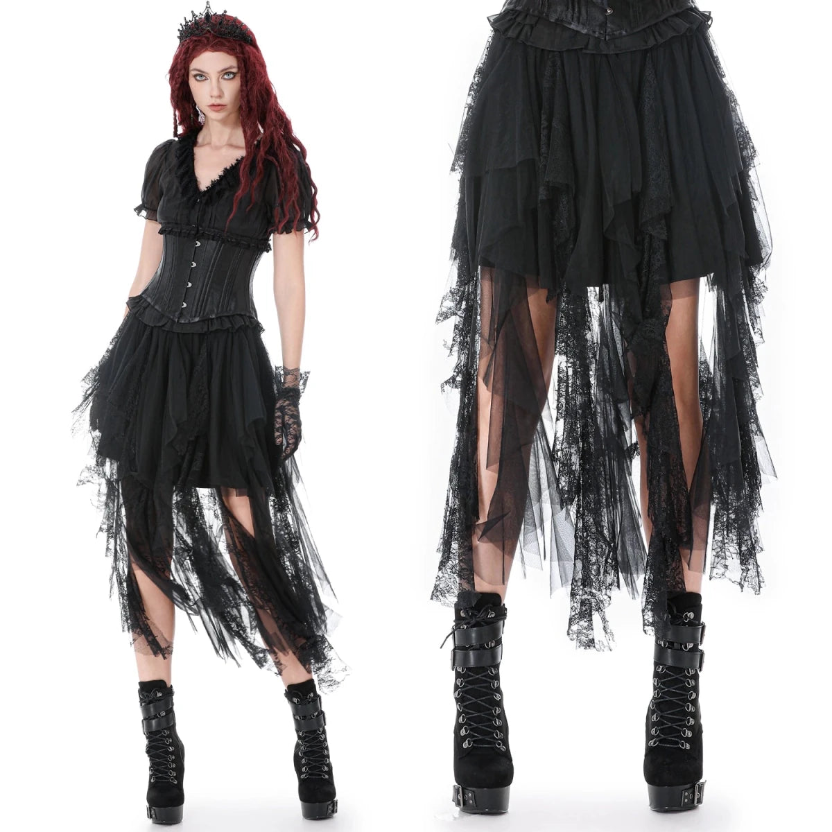 Falda de Tul y Encaje con Bajo Asimétrico de Picos - Crazyinlove