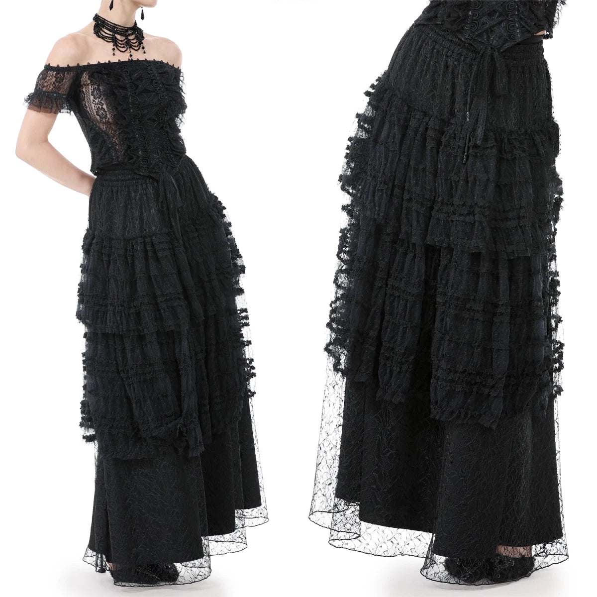 Falda Gótica Larga de Encaje con Capas y Cintura Elástica - Crazyinlove