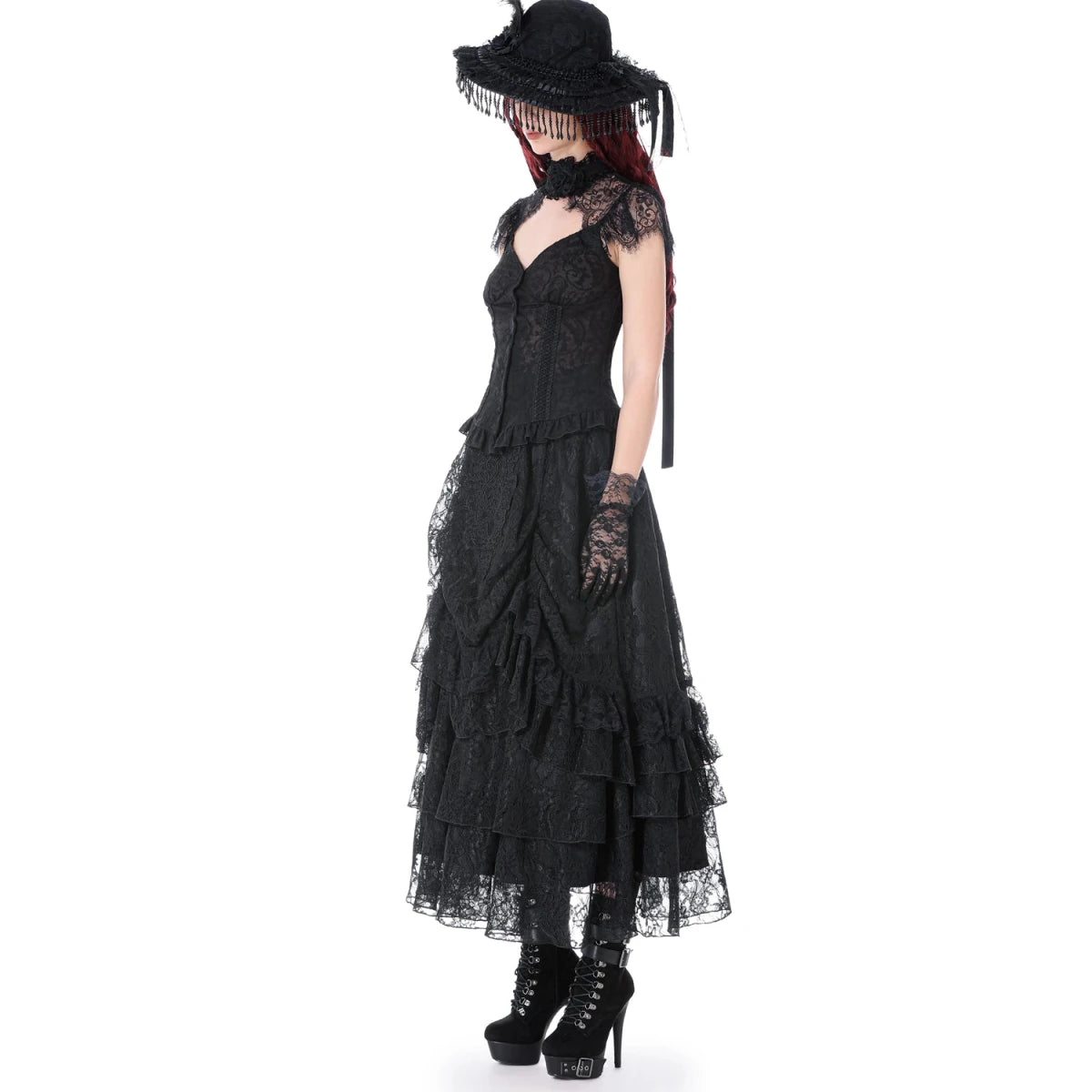 Falda GĂłtica Larga de Encaje con Volantes - Crazyinlove