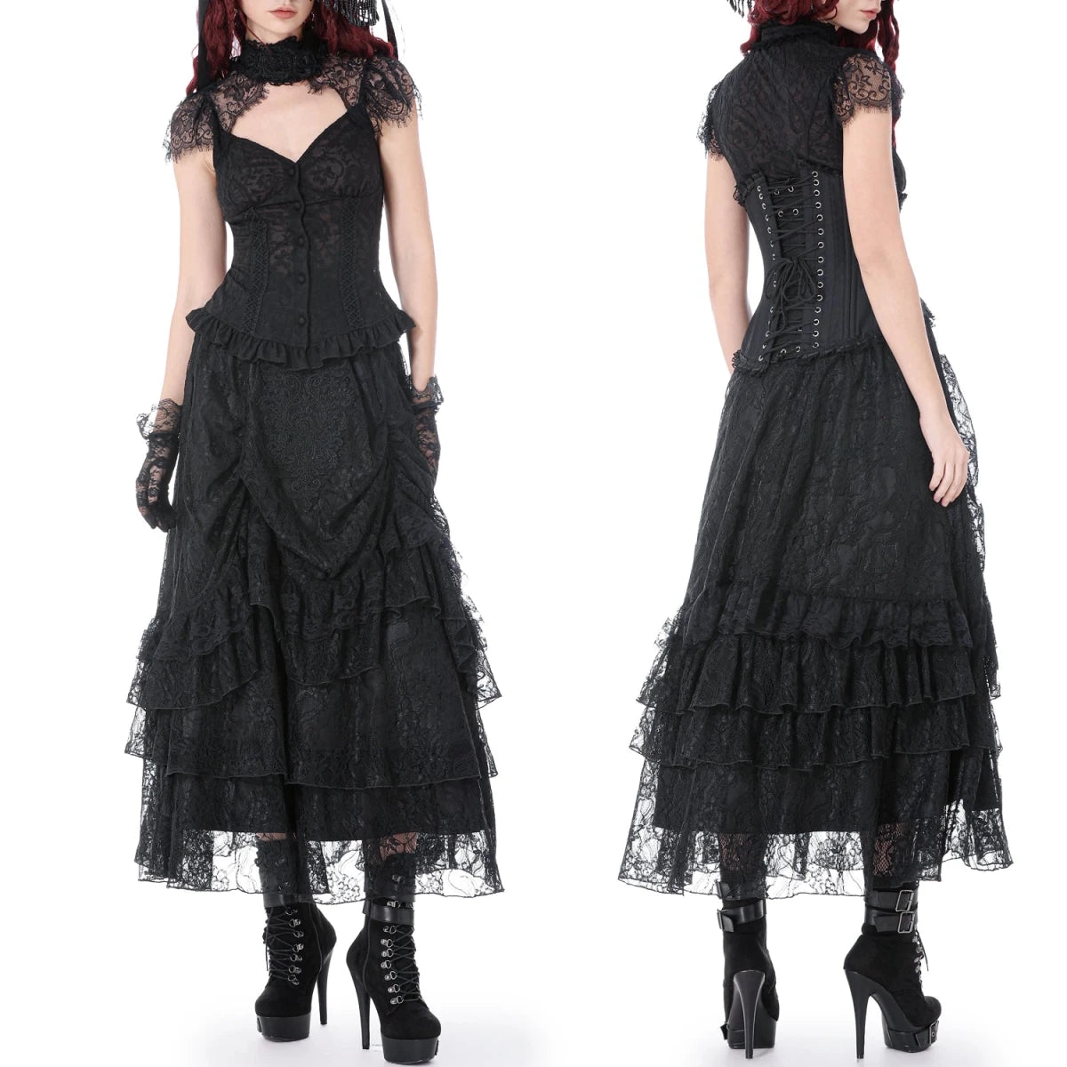 Falda GĂłtica Larga de Encaje con Volantes - Crazyinlove