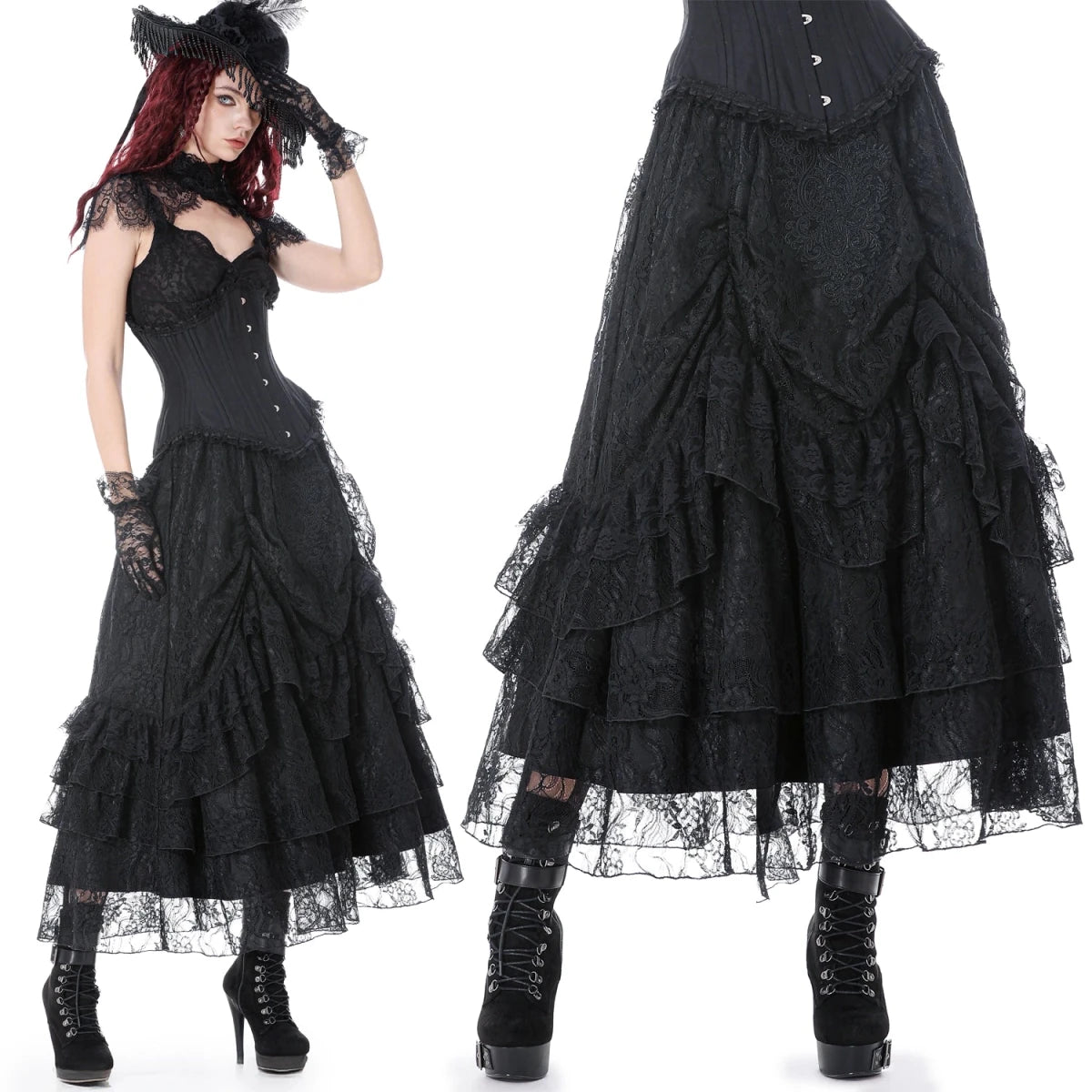 Falda Gótica Larga de Encaje con Volantes - Crazyinlove