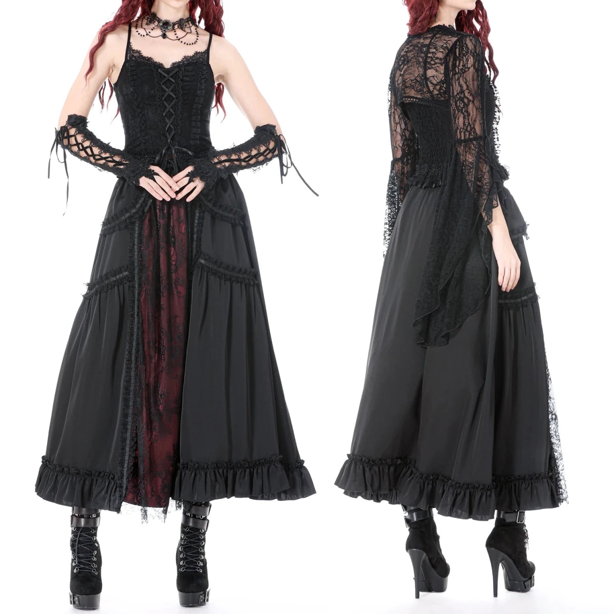 Falda Gótica Larga Victoriana Negra y Roja de Encaje - Crazyinlove