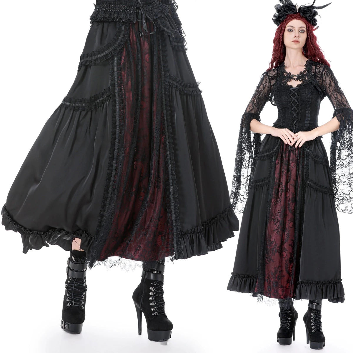 Falda Gótica Larga Victoriana Negra y Roja de Encaje - Crazyinlove