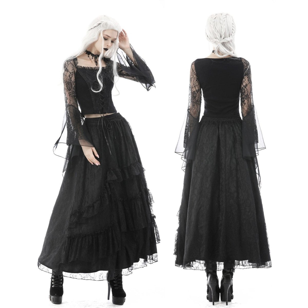 Falda Larga de Encaje con Volantes y Cintura Elástica - Crazyinlove