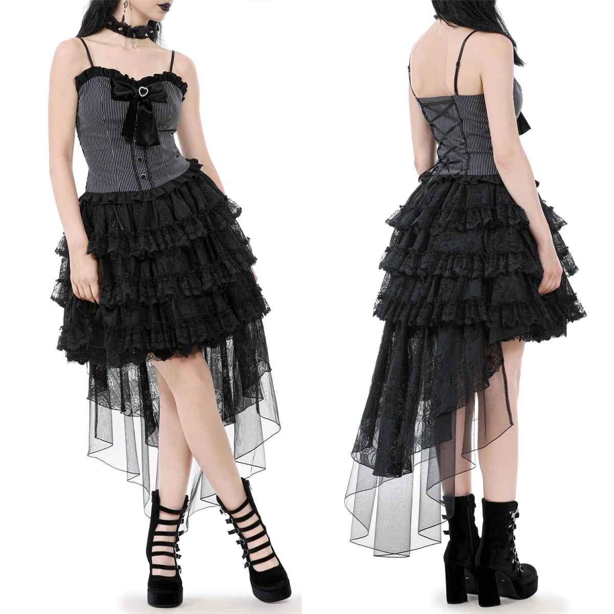 Falda Larga de Encaje Multicapa y Tul Asimétrico - Crazyinlove