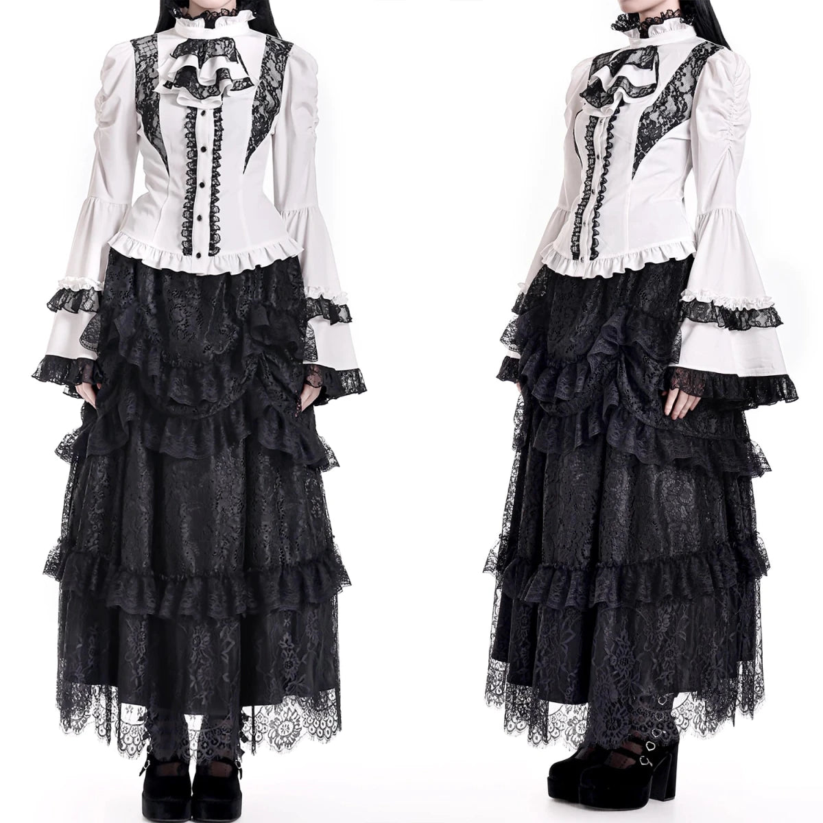 Falda Larga Negra de Volantes Escalonados Estilo Victoriano - Crazyinlove