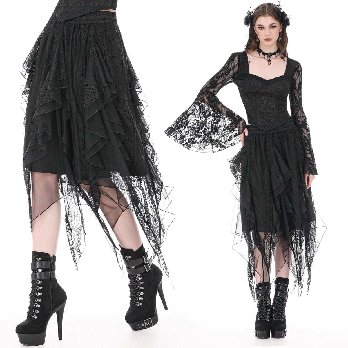 Falda Midi Asimétrica de Picos con Encaje y Tul - Crazyinlove