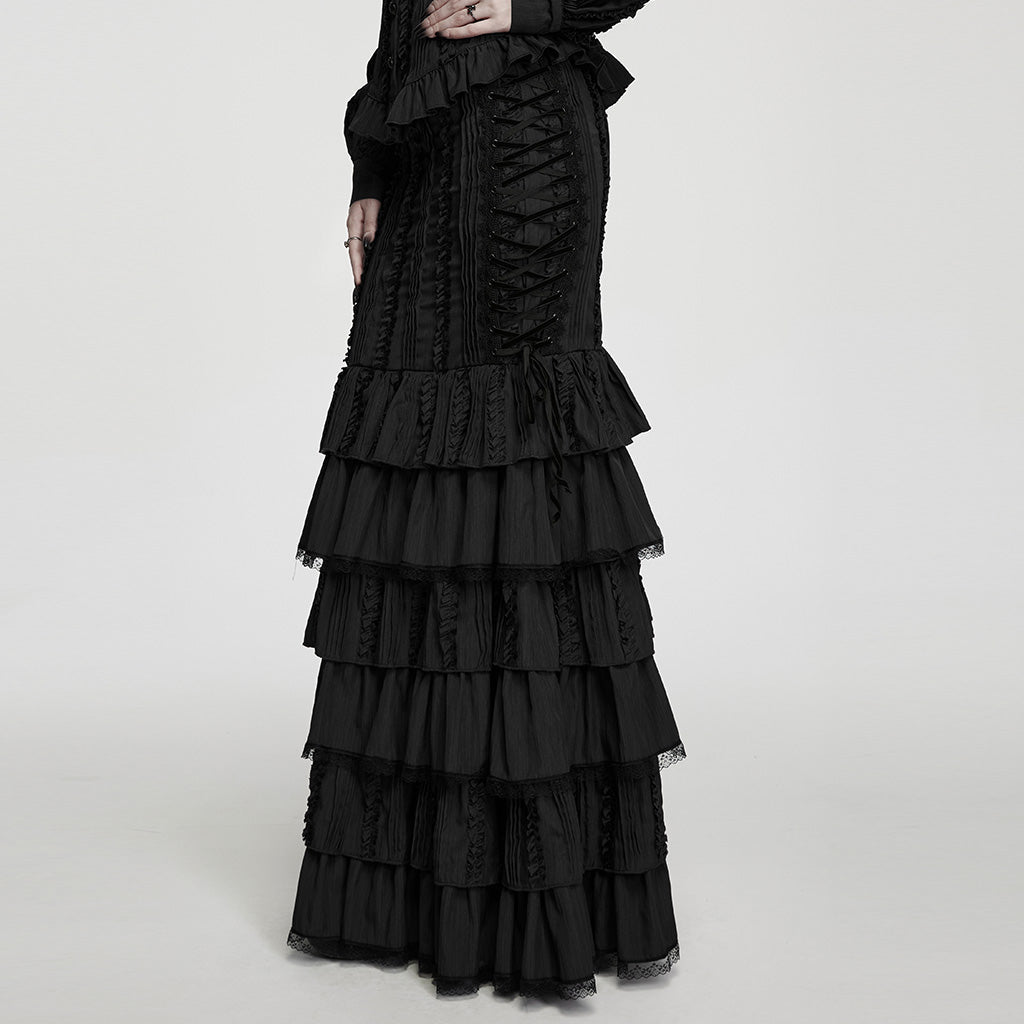 Falda Sirena Larga Negra Victoriana de Algodón con Volantes - Crazyinlove