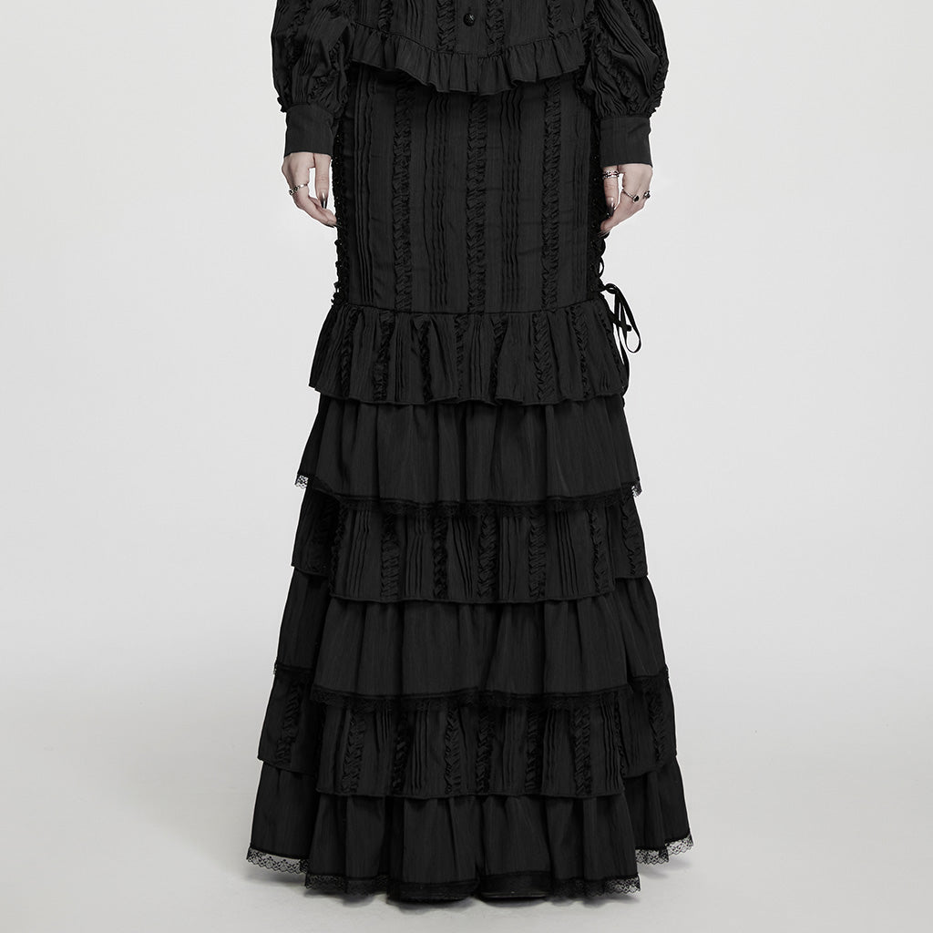 Falda Sirena Larga Negra Victoriana de Algodón con Volantes - Crazyinlove