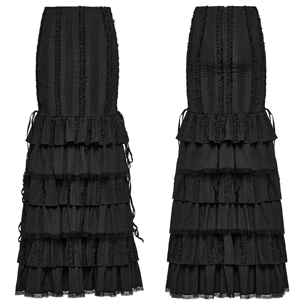 Falda Sirena Larga Negra Victoriana de Algodón con Volantes - Crazyinlove