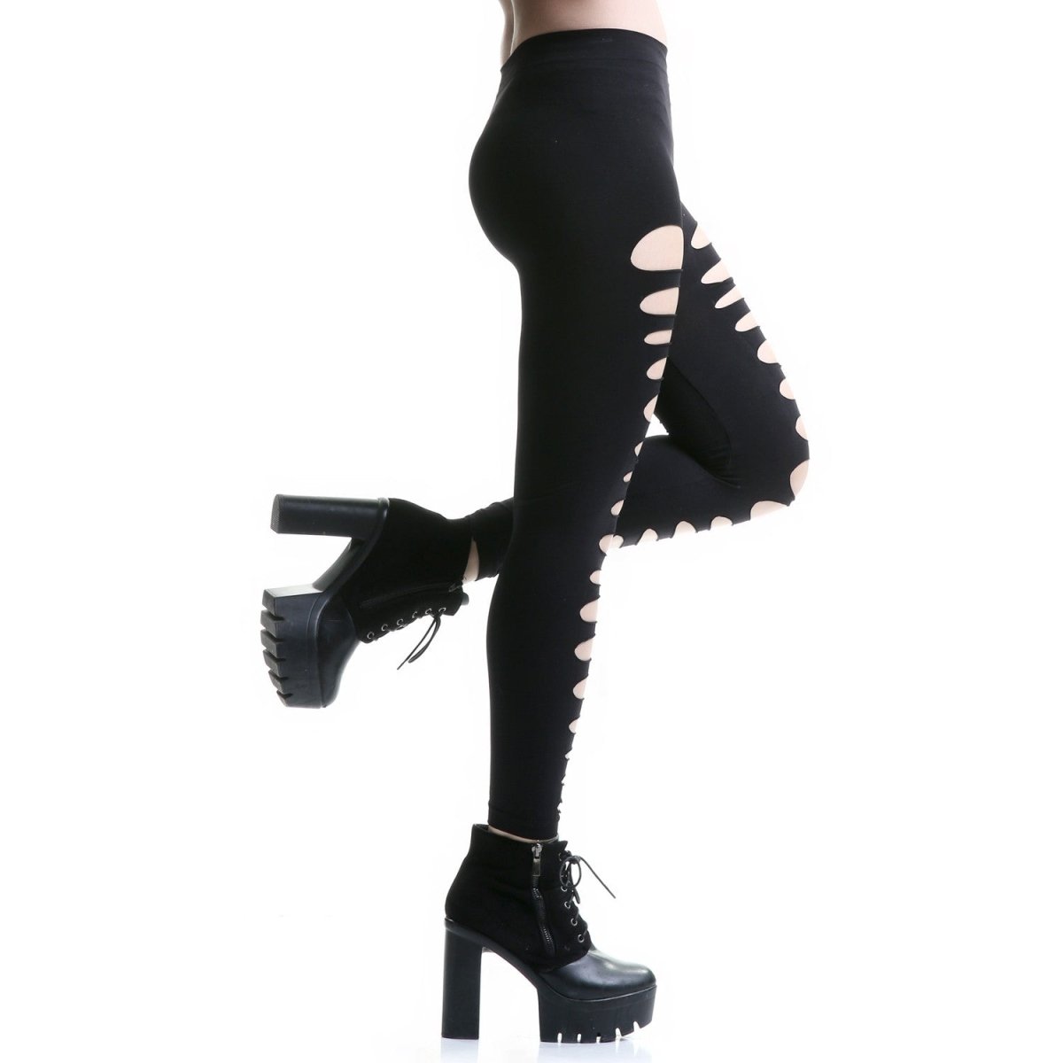 Legging Negro Rasgado con Cortes Horizontales Estilo Punk - Crazyinlove