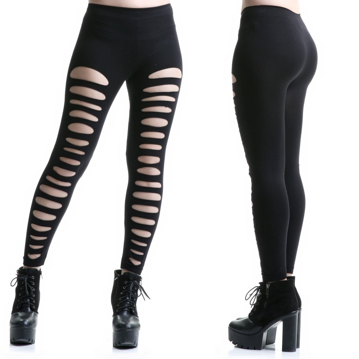 Legging Negro Rasgado con Cortes Horizontales Estilo Punk - Crazyinlove