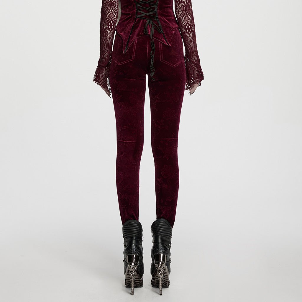 Leggings Góticos de Terciopelo Rojo Vino con Encaje y Lazada - Crazyinlove