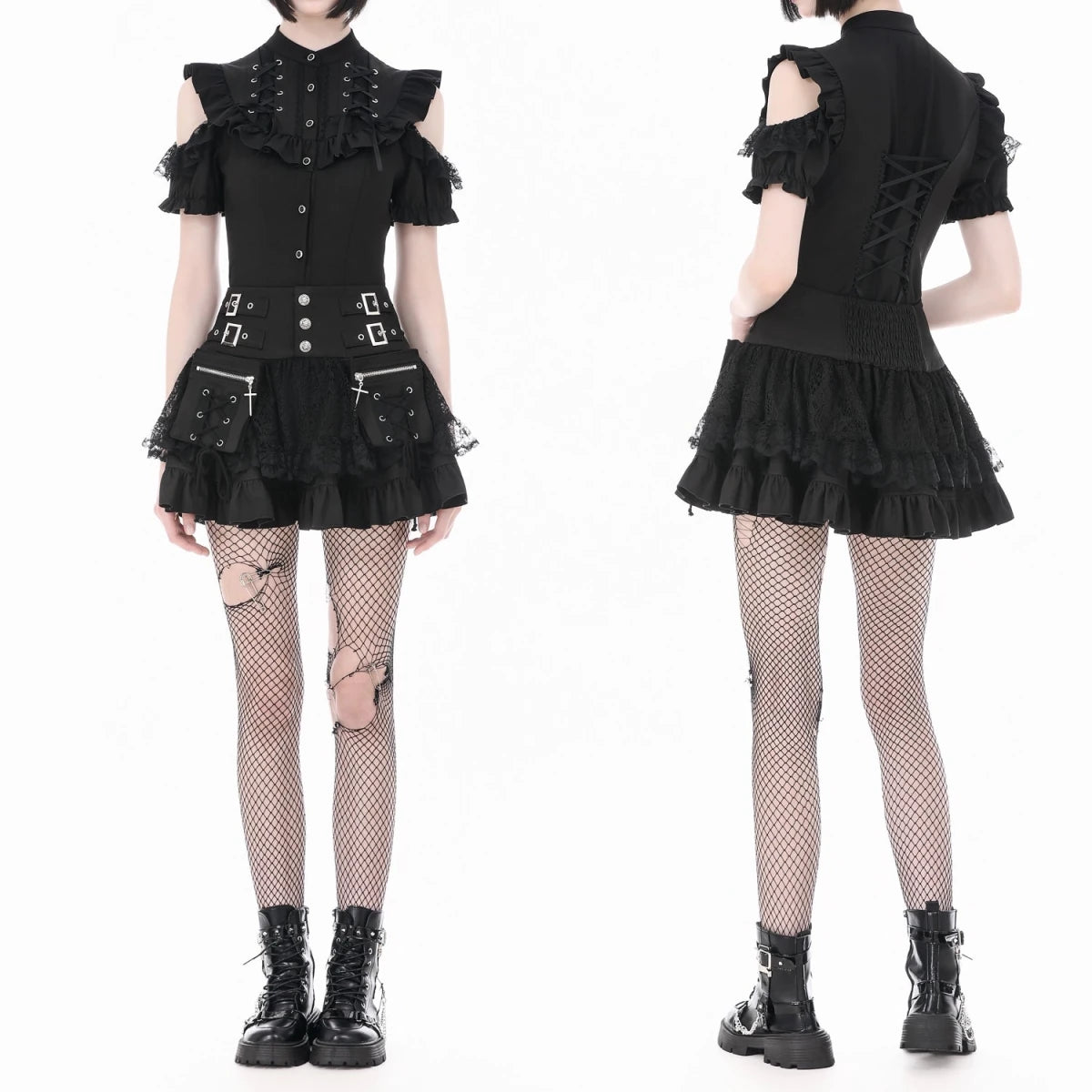Minifalda con Bolsillos Cargo, Encaje y Hebillas - Crazyinlove