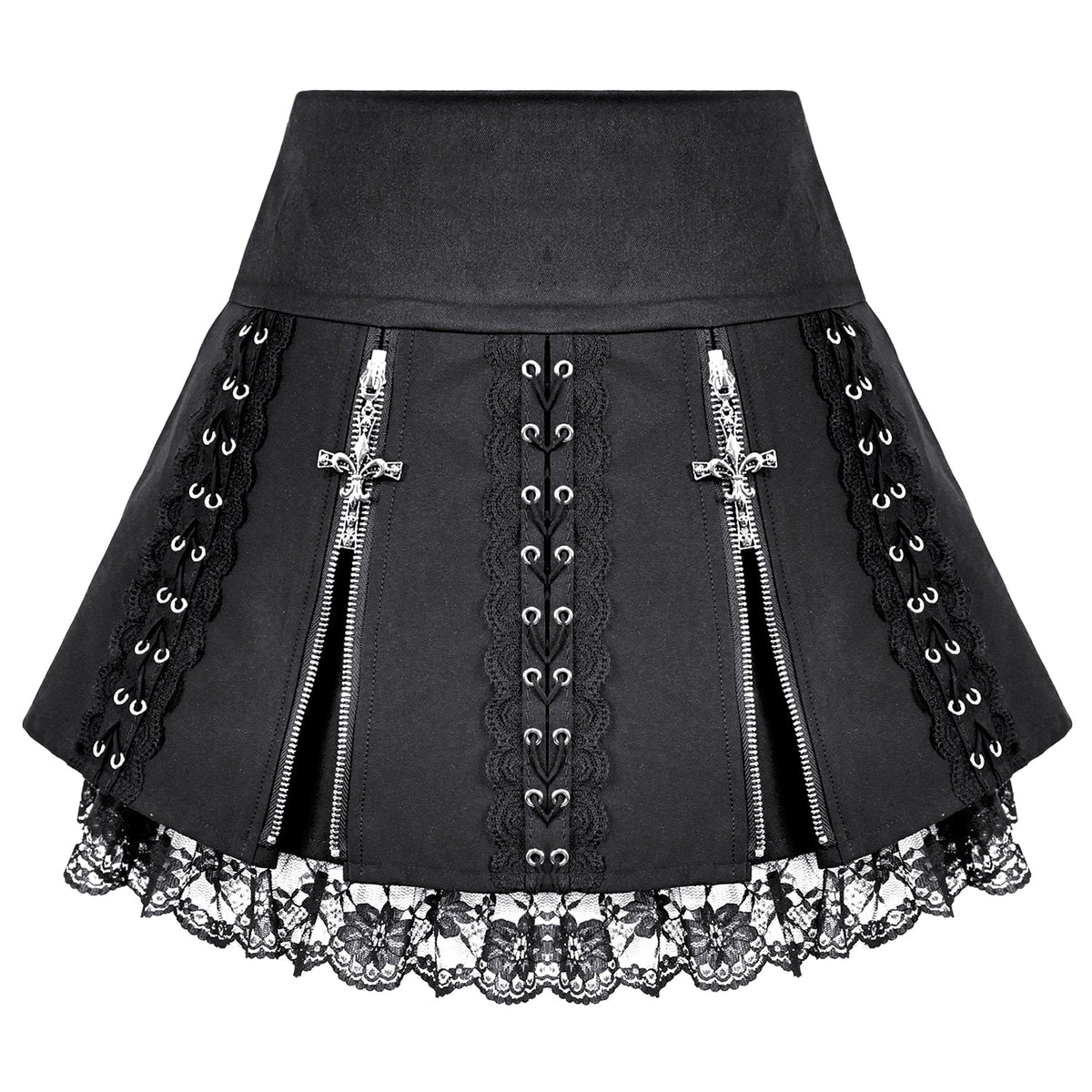 Minifalda Punk Plisada con Cruces y Encaje KW463, parte delantera sobre fondo blanco
