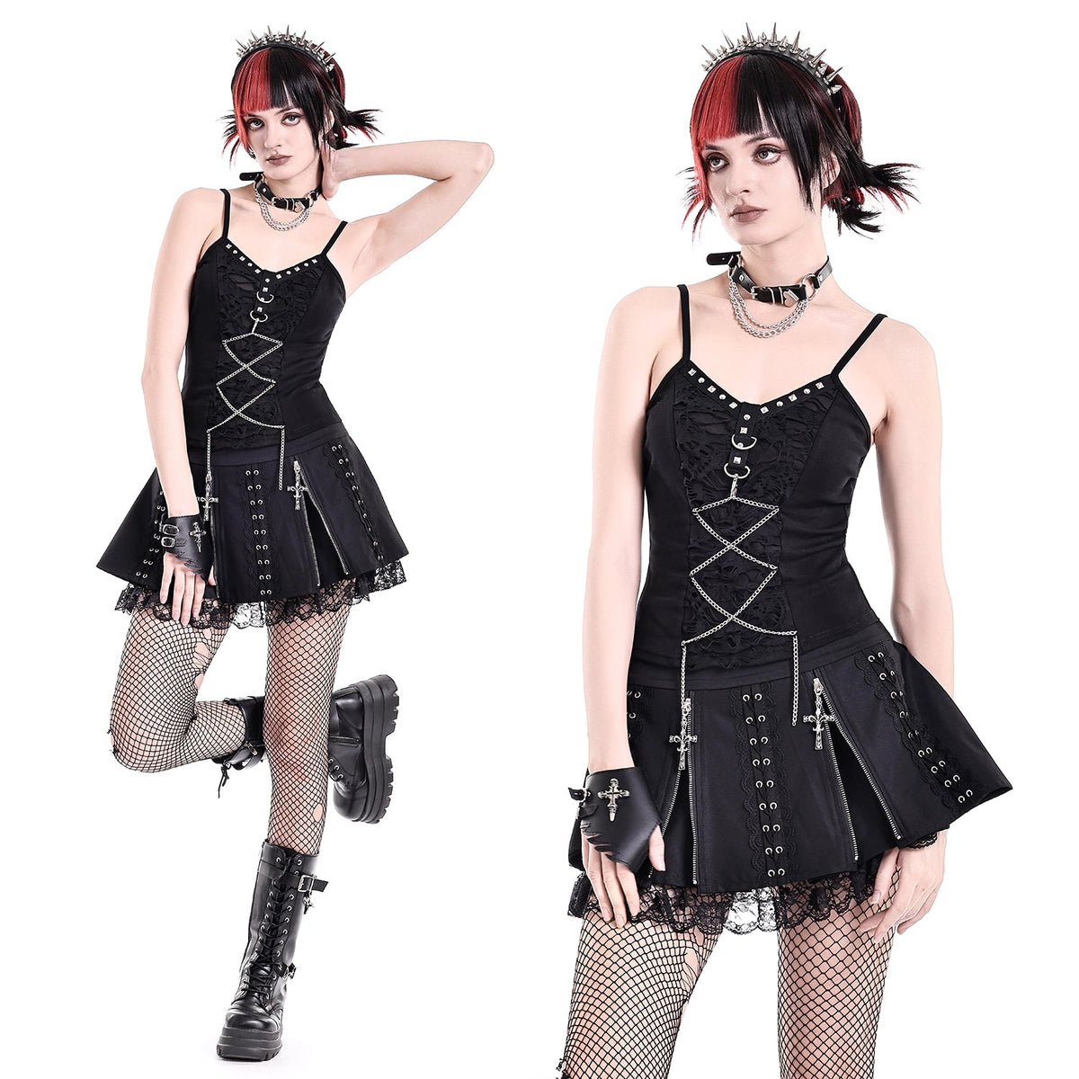 Minifalda Punk Plisada con Cruces y Encaje KW463: modelo de cuerpo entero y en medio plano, dos poses