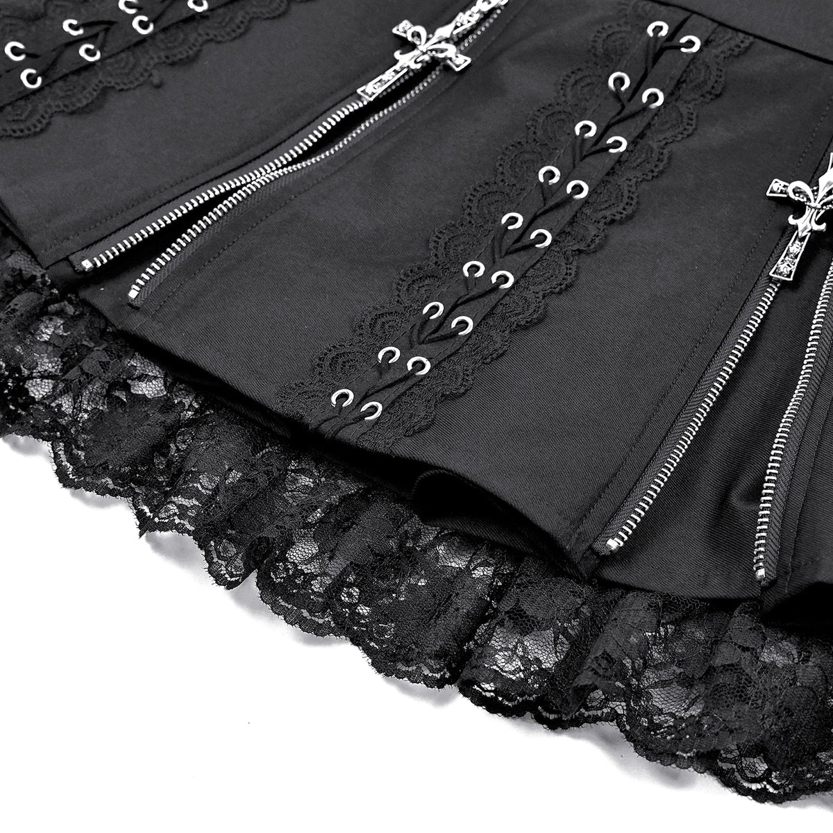 Minifalda Punk Plisada con Cruces y Encaje KW463: detalle de las cremalleras y el encaje del bajo