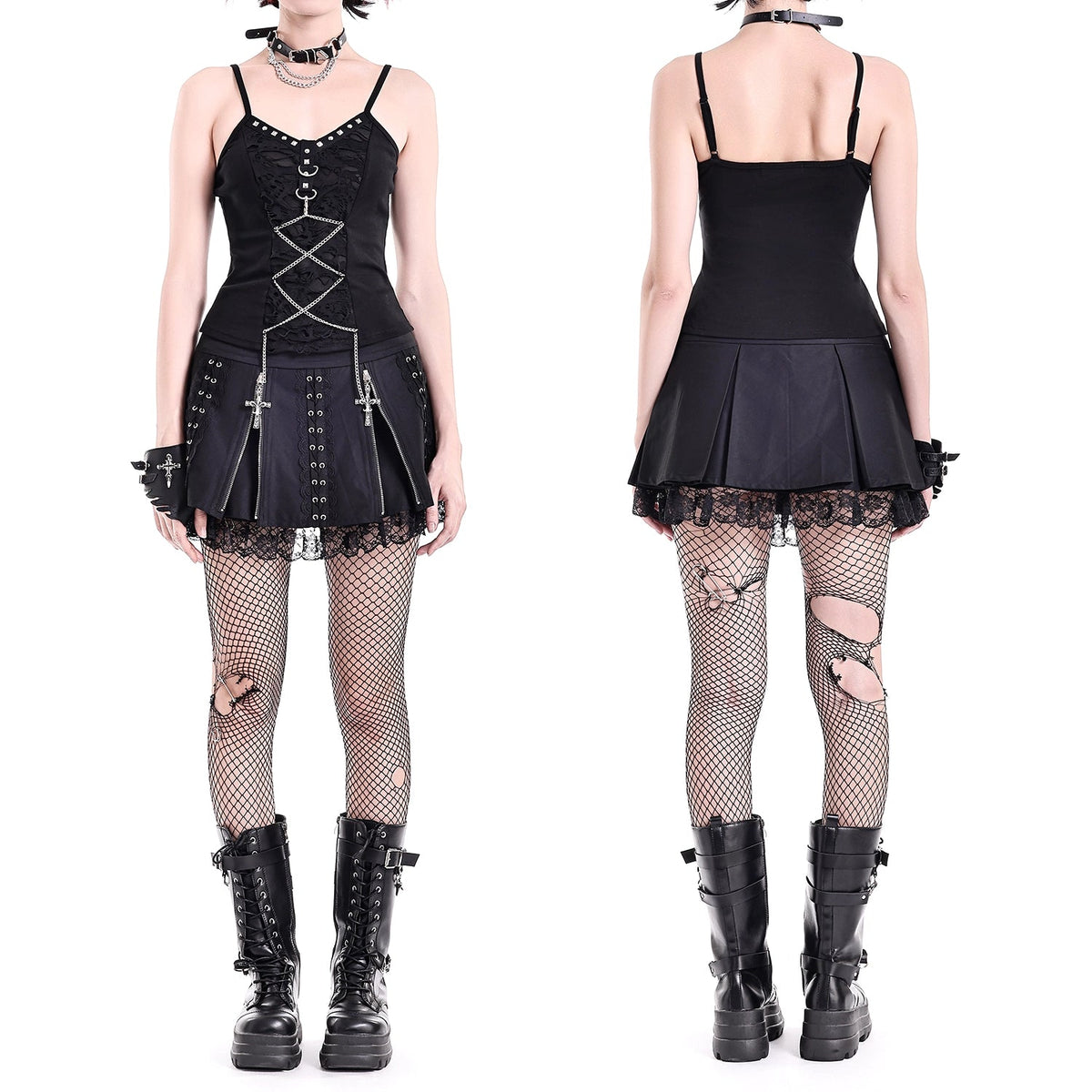 Minifalda Punk Plisada con Cruces y Encaje KW463 por delante y por detrás en modelo