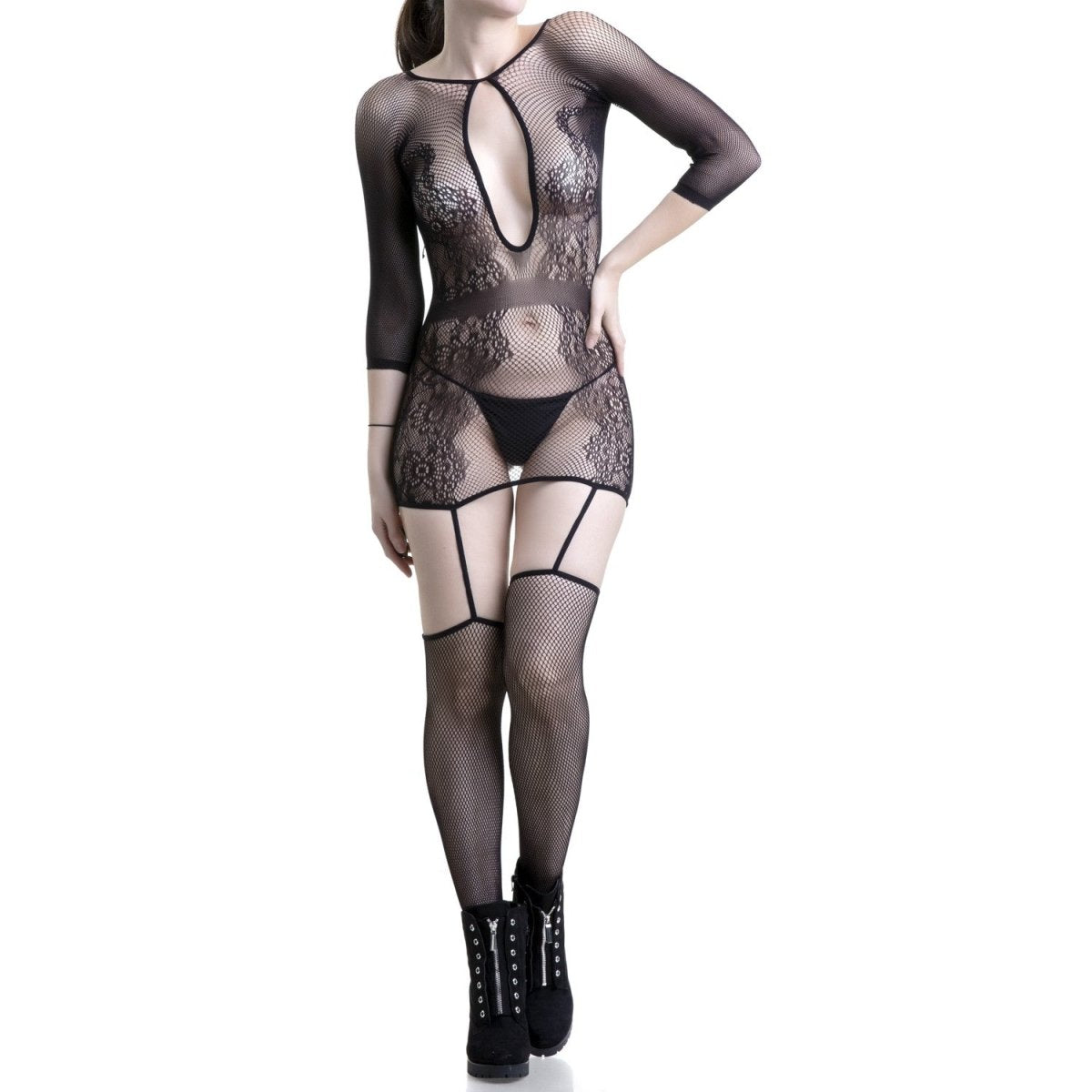 Mono de Rejilla Negro Tipo Vestido con Liguero y Escote Gota - Crazyinlove
