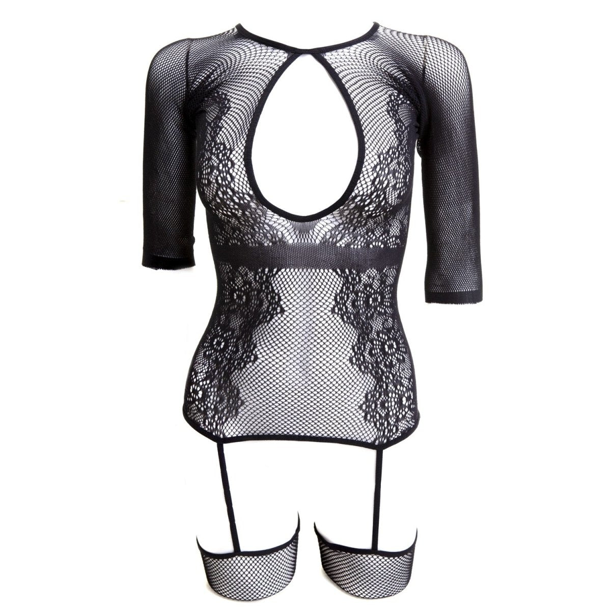Mono de Rejilla Negro Tipo Vestido con Liguero y Escote Gota - Crazyinlove