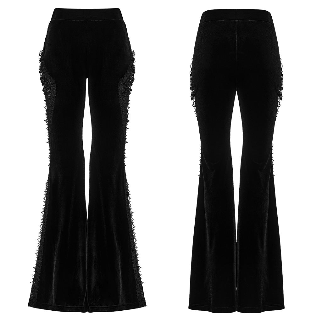 Pantalón Acampanado Gótico de Terciopelo Negro con Encaje Lateral - Crazyinlove