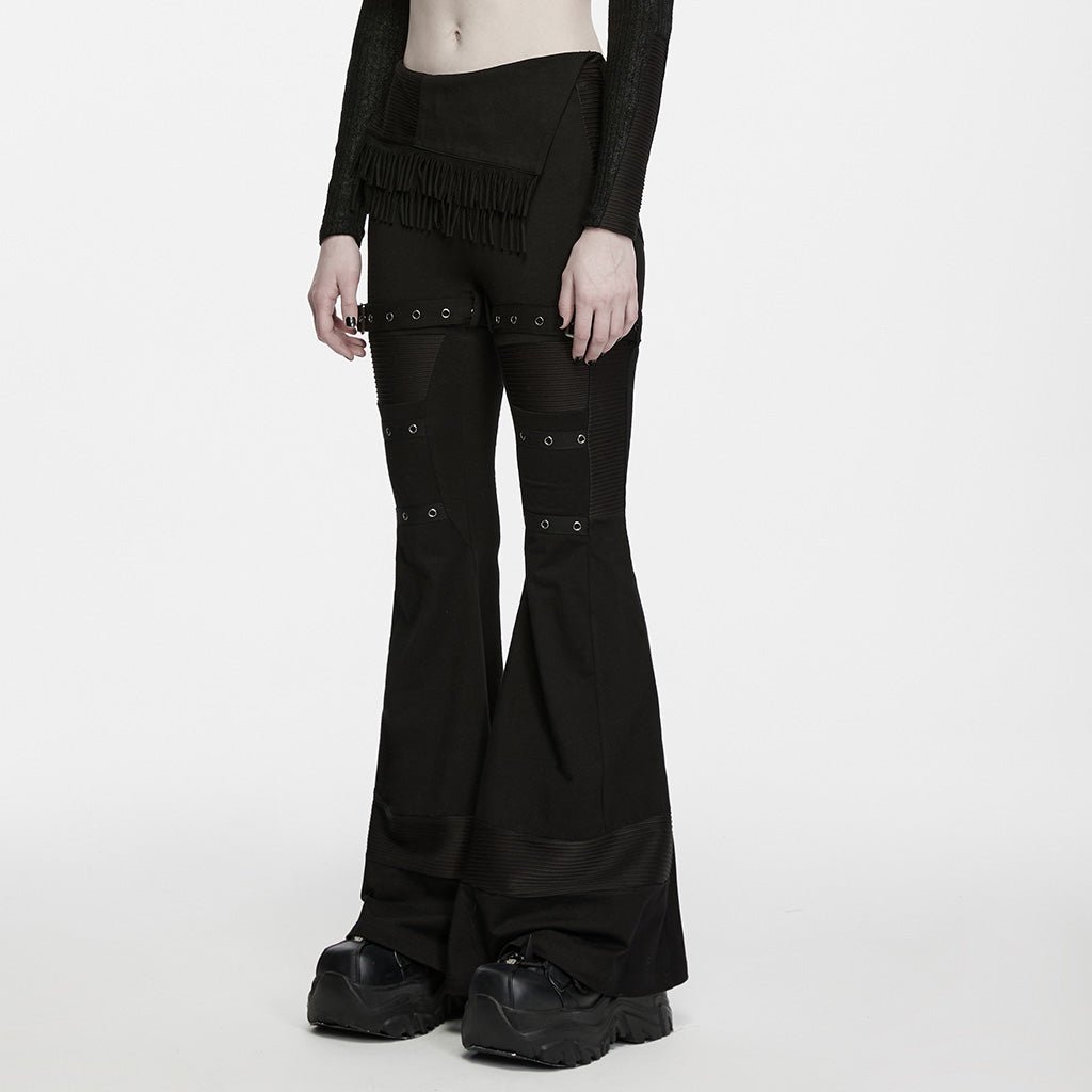 Pantalón Acampanado Punk Negro con Flecos y Correas de Hebilla - Crazyinlove