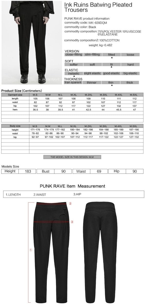 Ficha técnica y tabla de medidas del pantalón negro con tapeta murciélago WK-839DQM