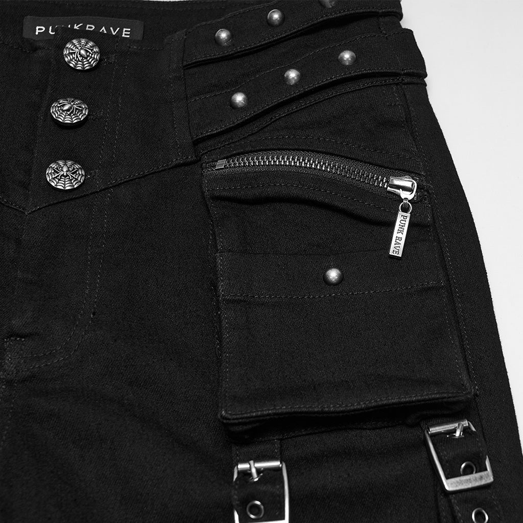 Pantalón Pitillo Punk Negro con Tachuelas y Bolsillos con Hebilla - Crazyinlove