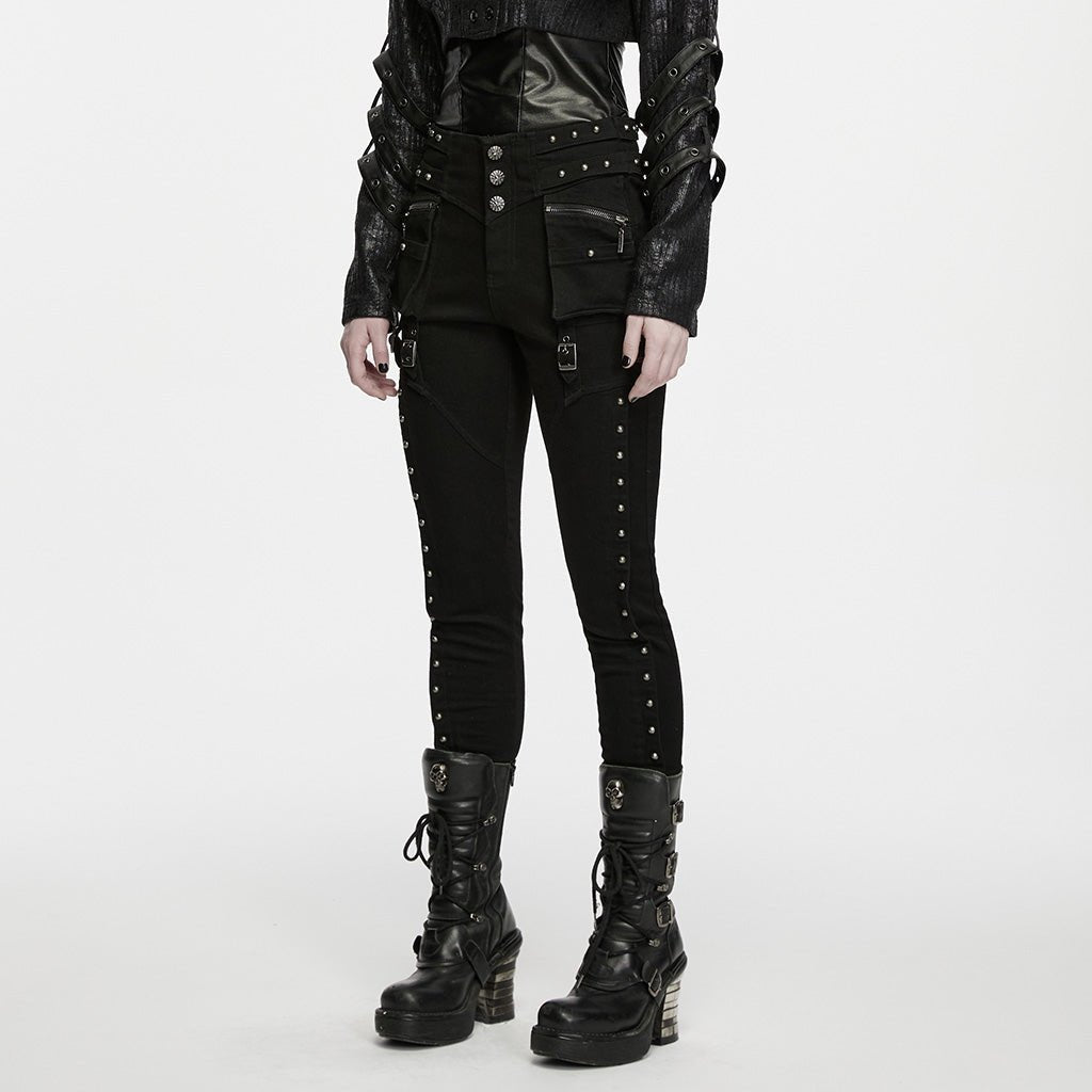 Pantalón Pitillo Punk Negro con Tachuelas y Bolsillos con Hebilla - Crazyinlove