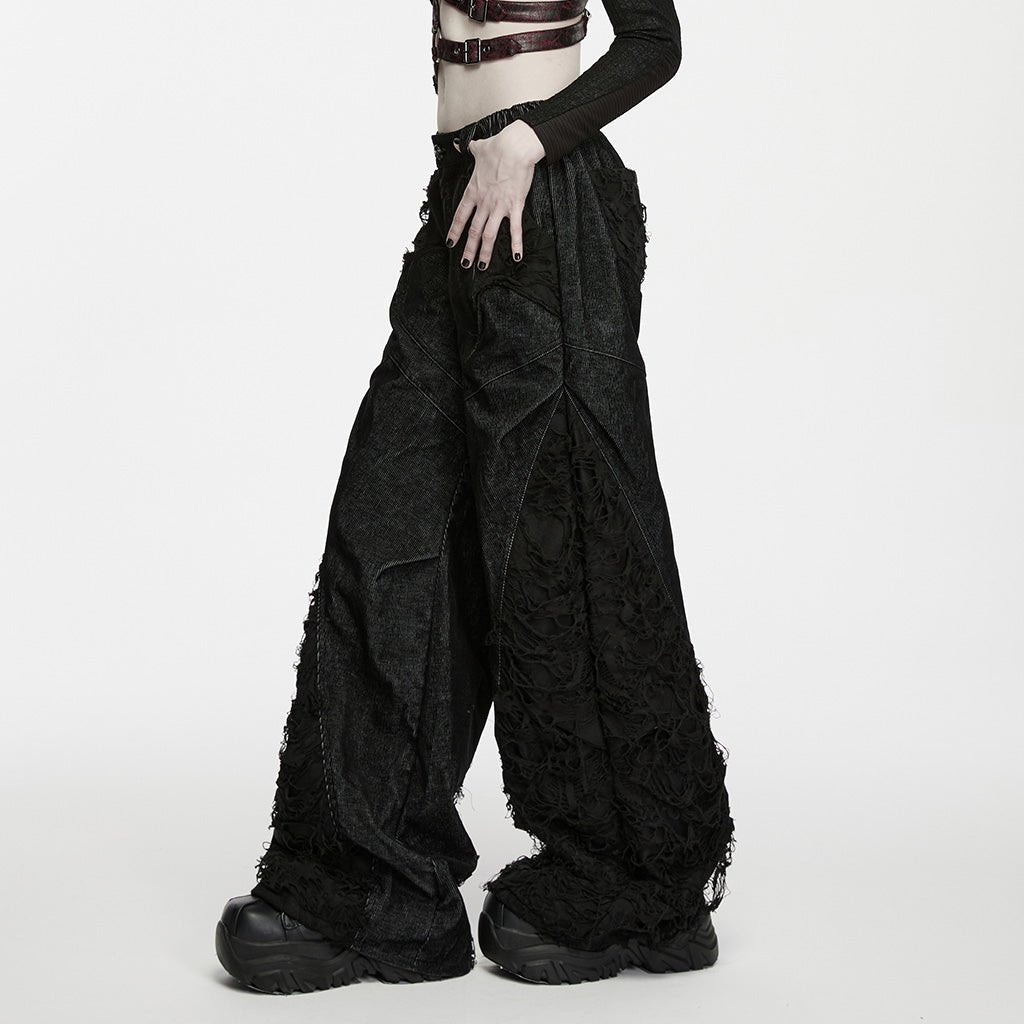 Pantalón Punk Negro Ancho con Paneles Deshilachados - Crazyinlove