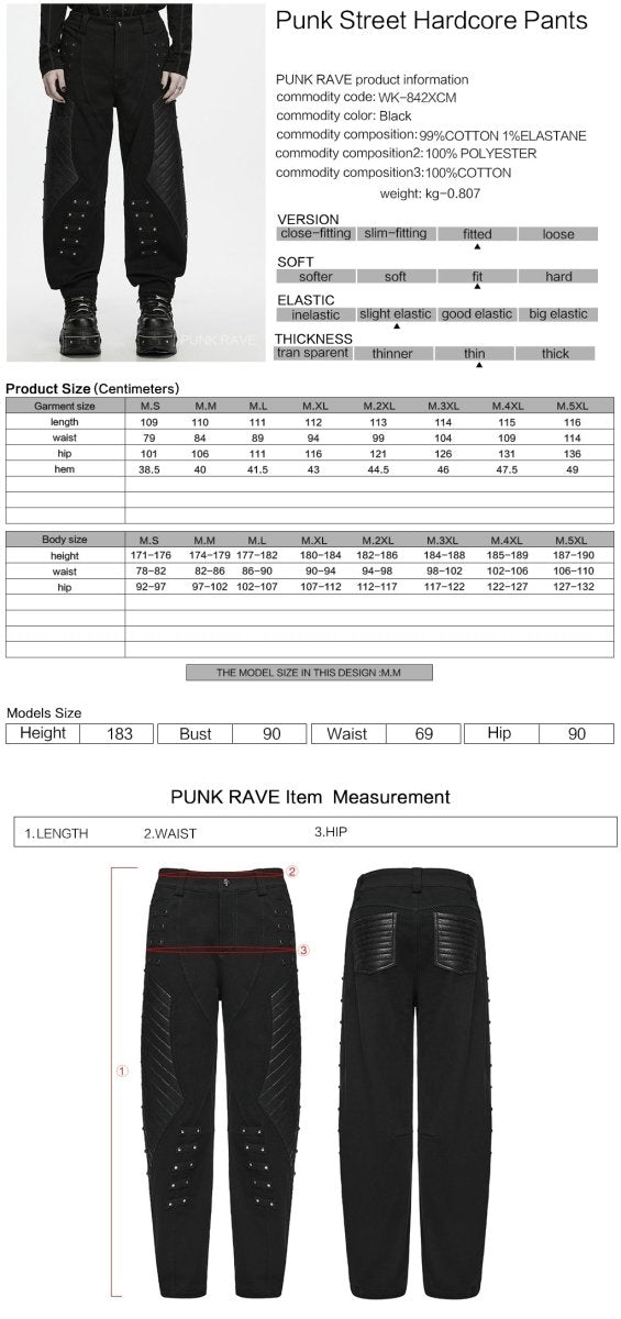 Ficha técnica y tabla de medidas del pantalón punk negro con paneles craquelados WK-842XCM