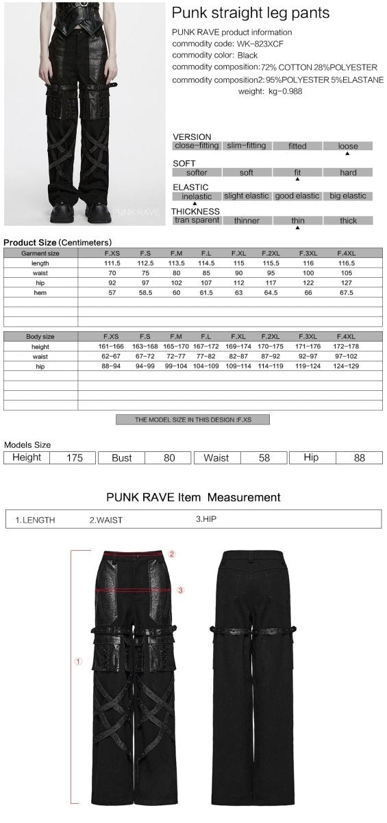 Pantalón Recto Punk Negro con Correas Cruzadas y Bolsillos Cargo - Crazyinlove