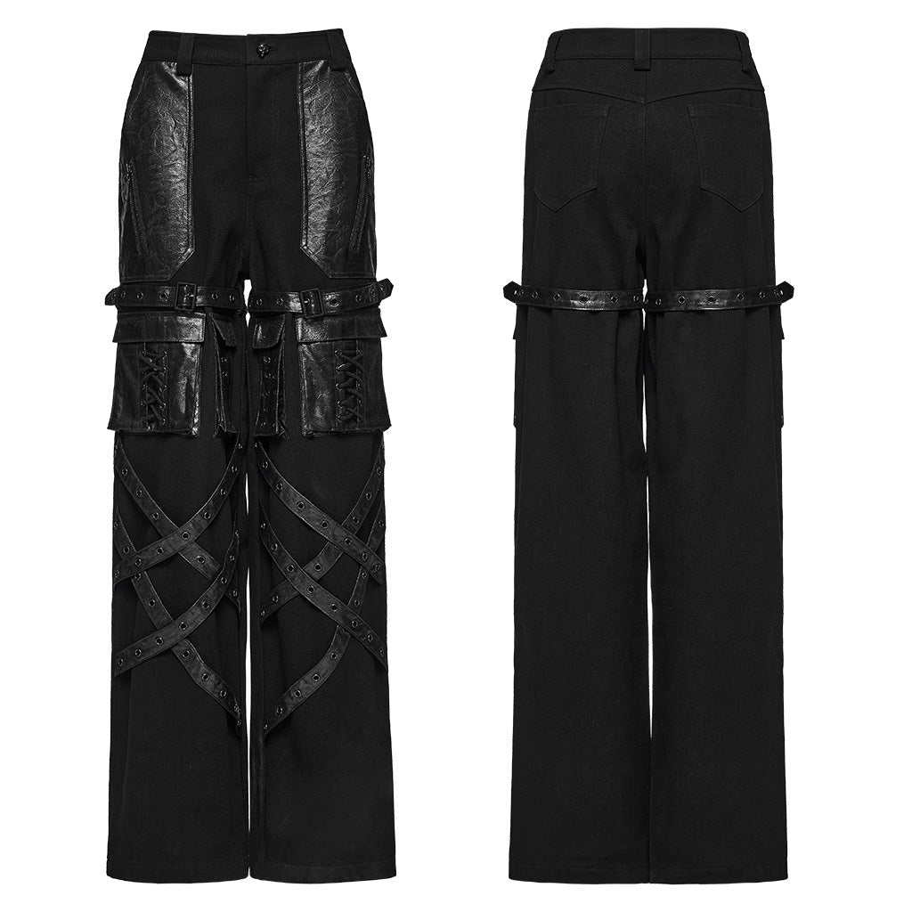 Pantalón Recto Punk Negro con Correas Cruzadas y Bolsillos Cargo - Crazyinlove