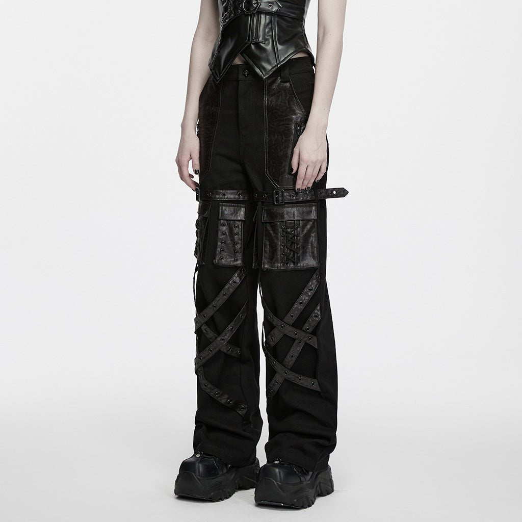 Pantalón Recto Punk Negro con Correas Cruzadas y Bolsillos Cargo - Crazyinlove