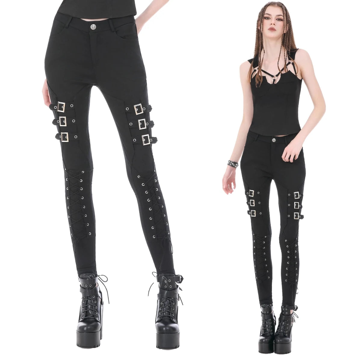 Pantalones Góticos Pitillo con Hebillas y Acordonado - Crazyinlove