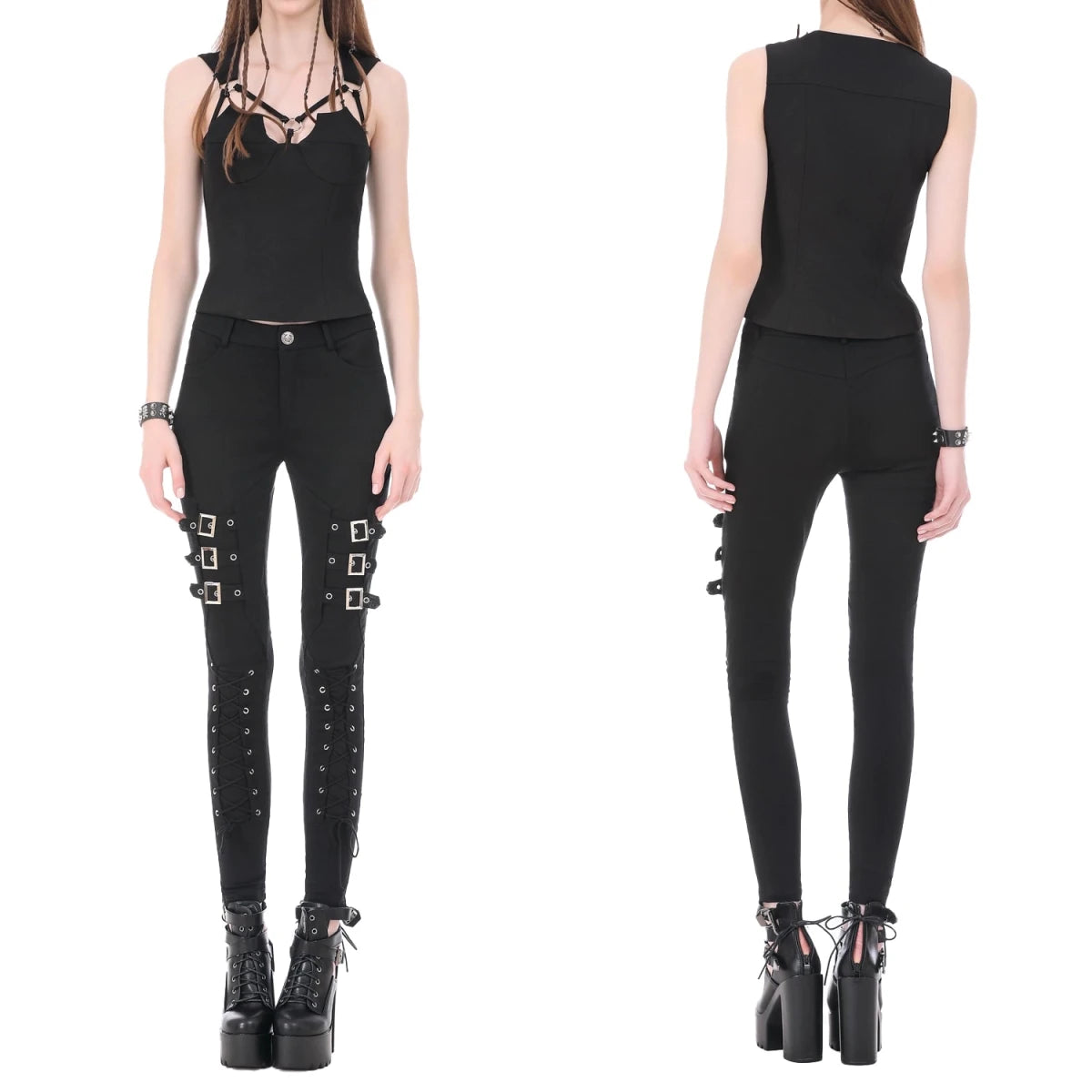Pantalones Góticos Pitillo con Hebillas y Acordonado - Crazyinlove