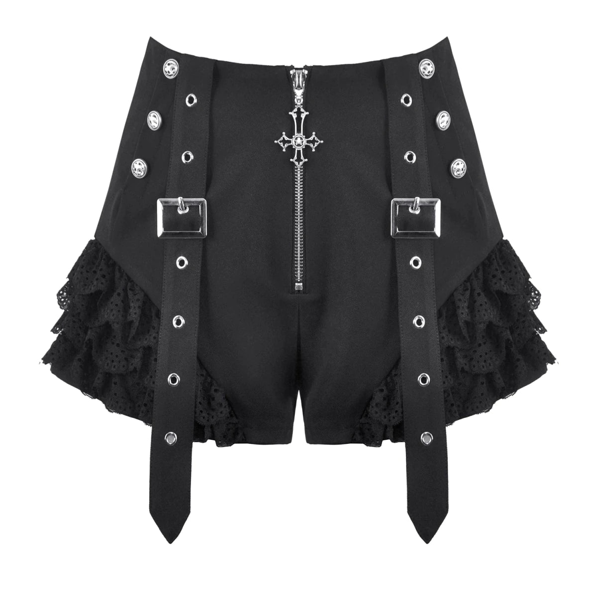 Shorts Góticos Negros con Cruz Metálica, Encaje y Correas - Crazyinlove