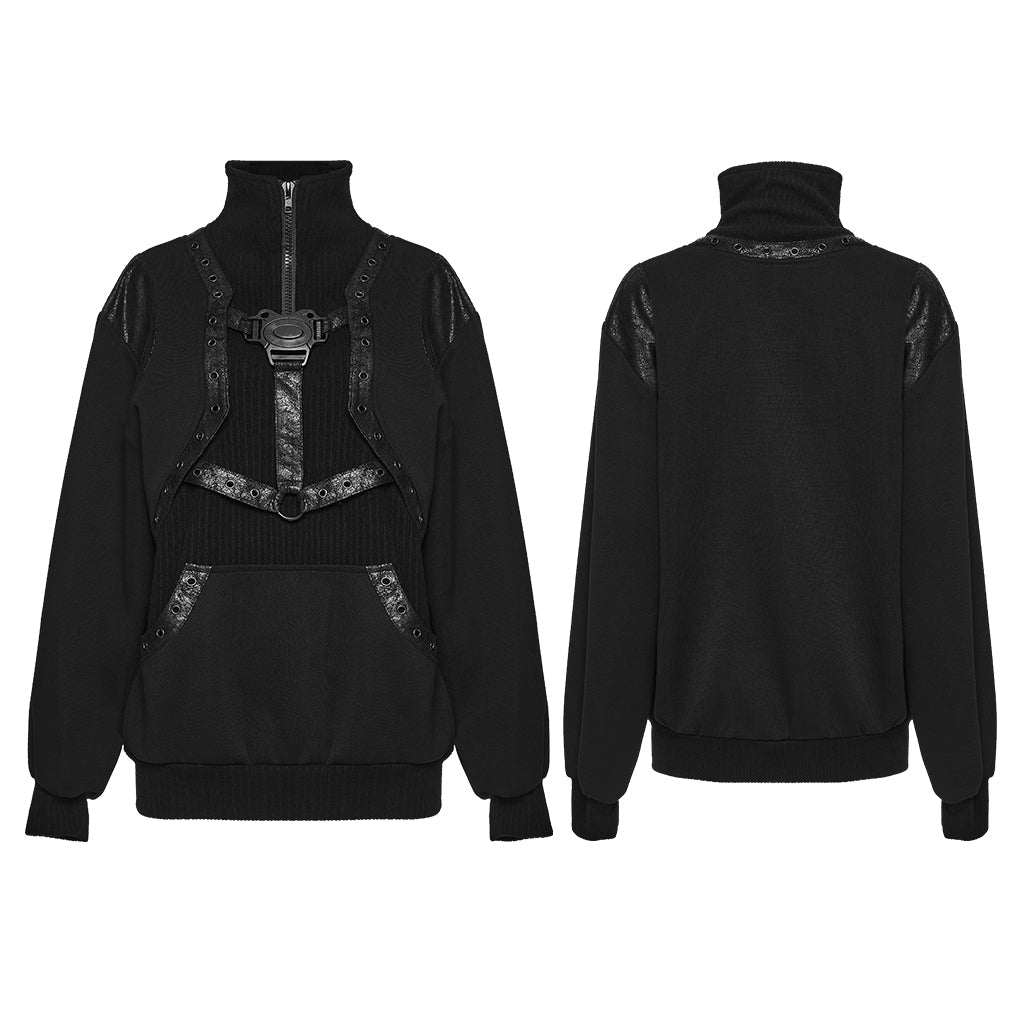 Sudadera Punk Negra de Cuello Alto con Arnés y Tiras Efecto Piel - Crazyinlove