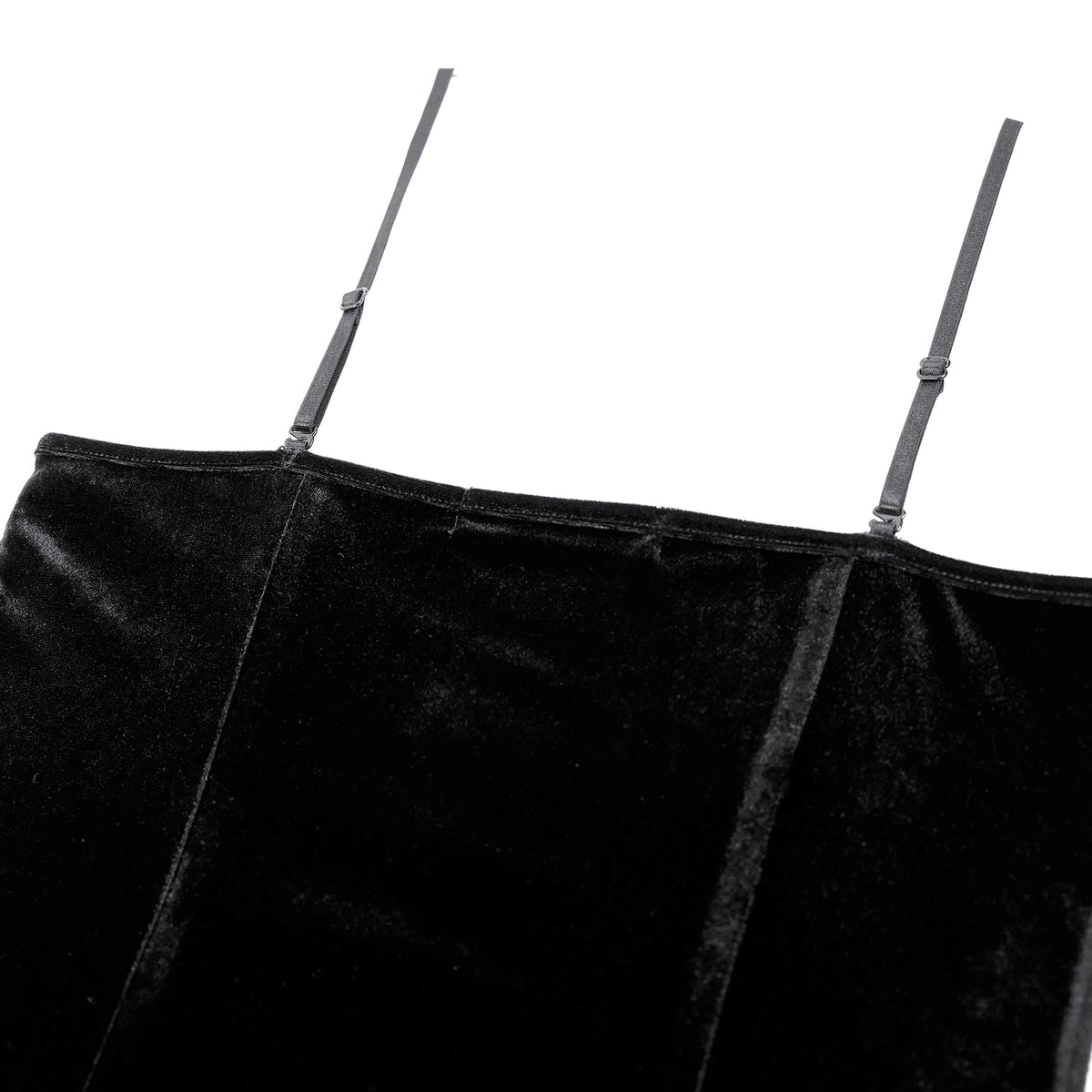 Top Corsé Gótico Negro y Burdeos con Araña CW120: detalle del terciopelo y los tirantes finos