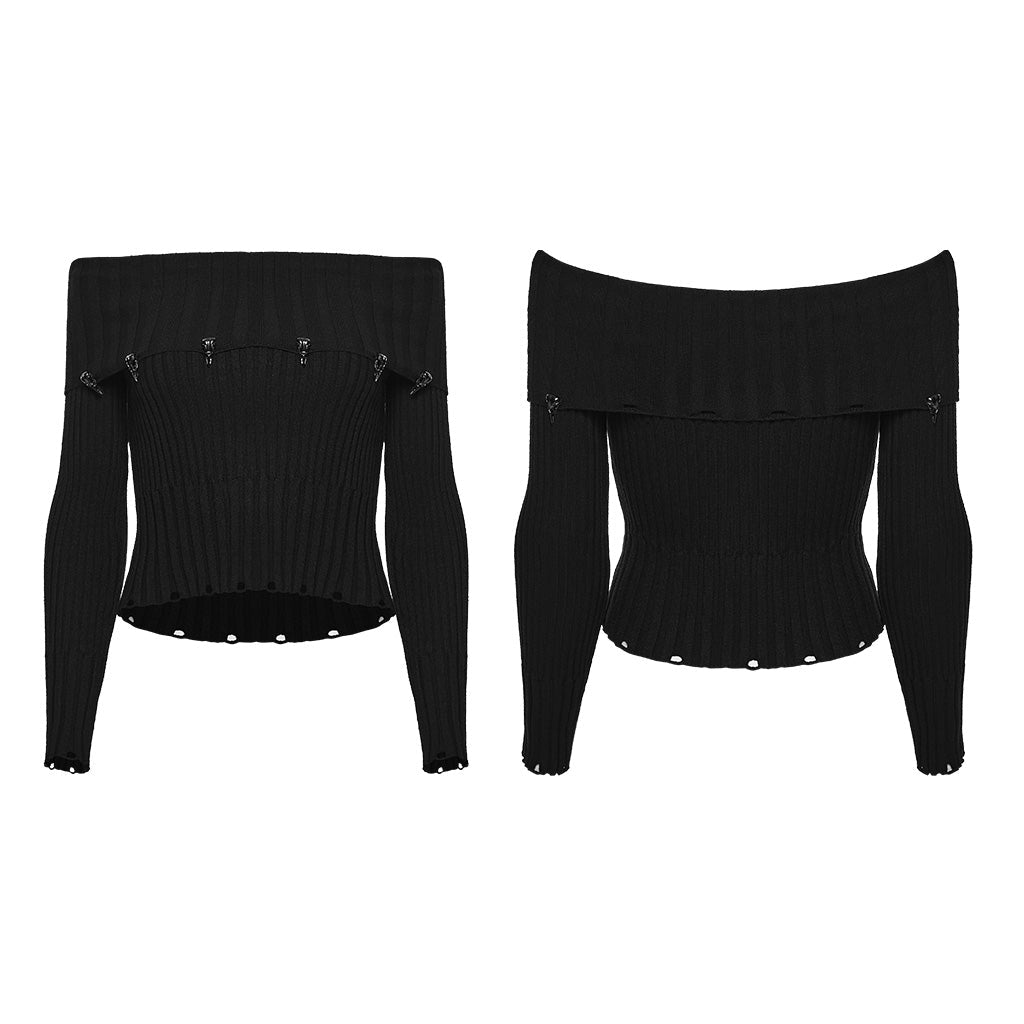 Top de Punto Negro Corto con Hombros Descubiertos y Broches Metálicos - Crazyinlove