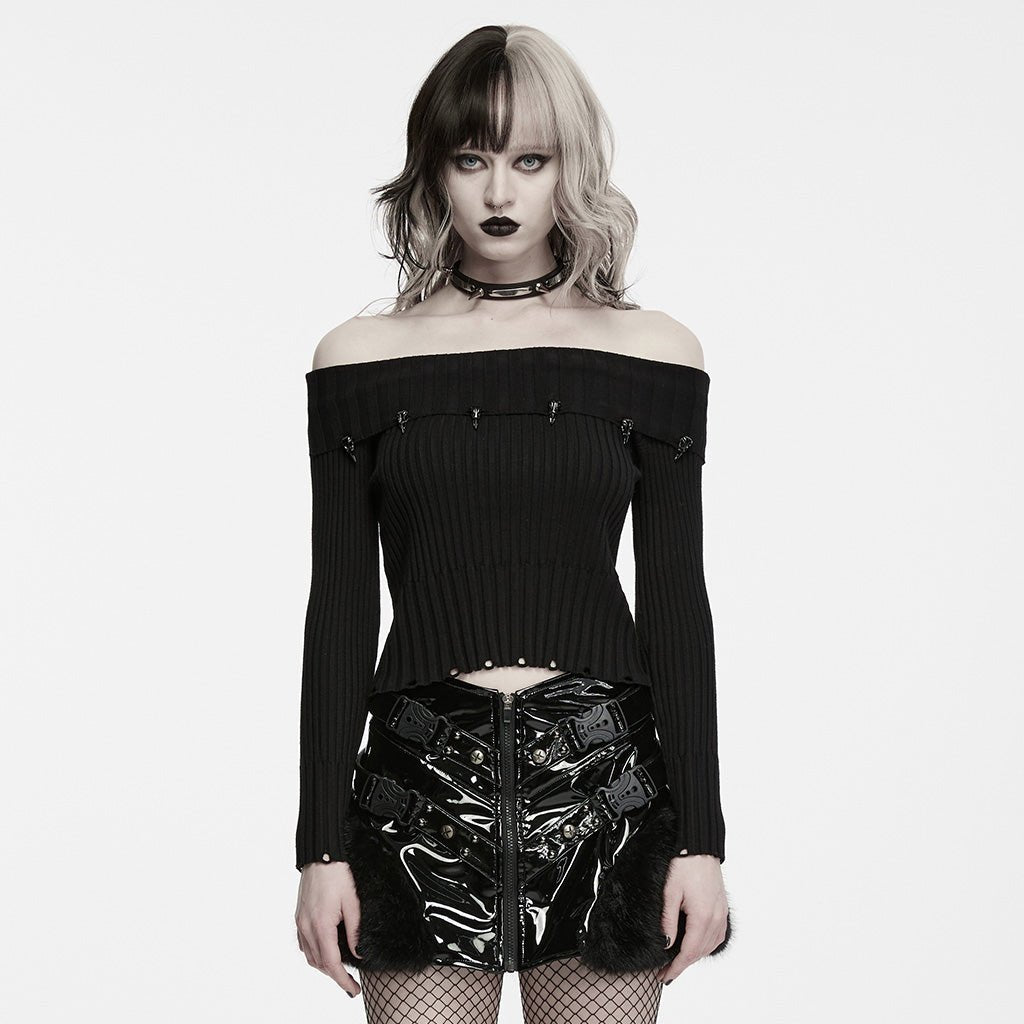 Top de Punto Negro Corto con Hombros Descubiertos y Broches Metálicos - Crazyinlove