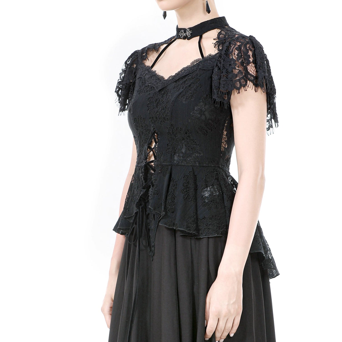 Top GĂłtico Con Cruzados y Encaje Floral Negro - Crazyinlove