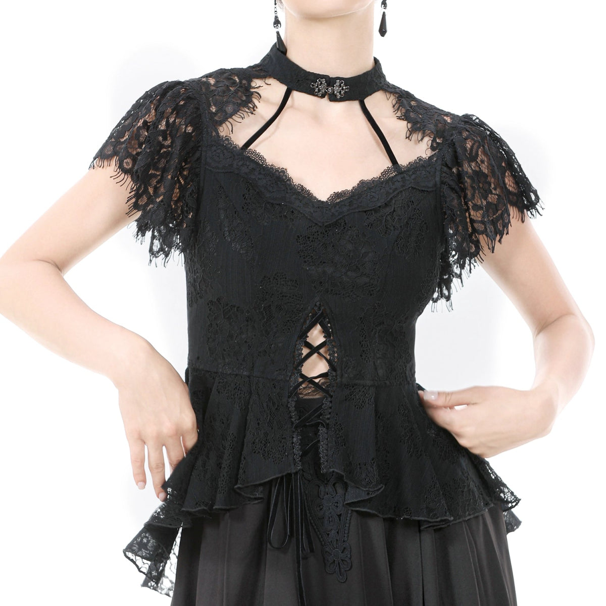 Top GĂłtico Con Cruzados y Encaje Floral Negro - Crazyinlove