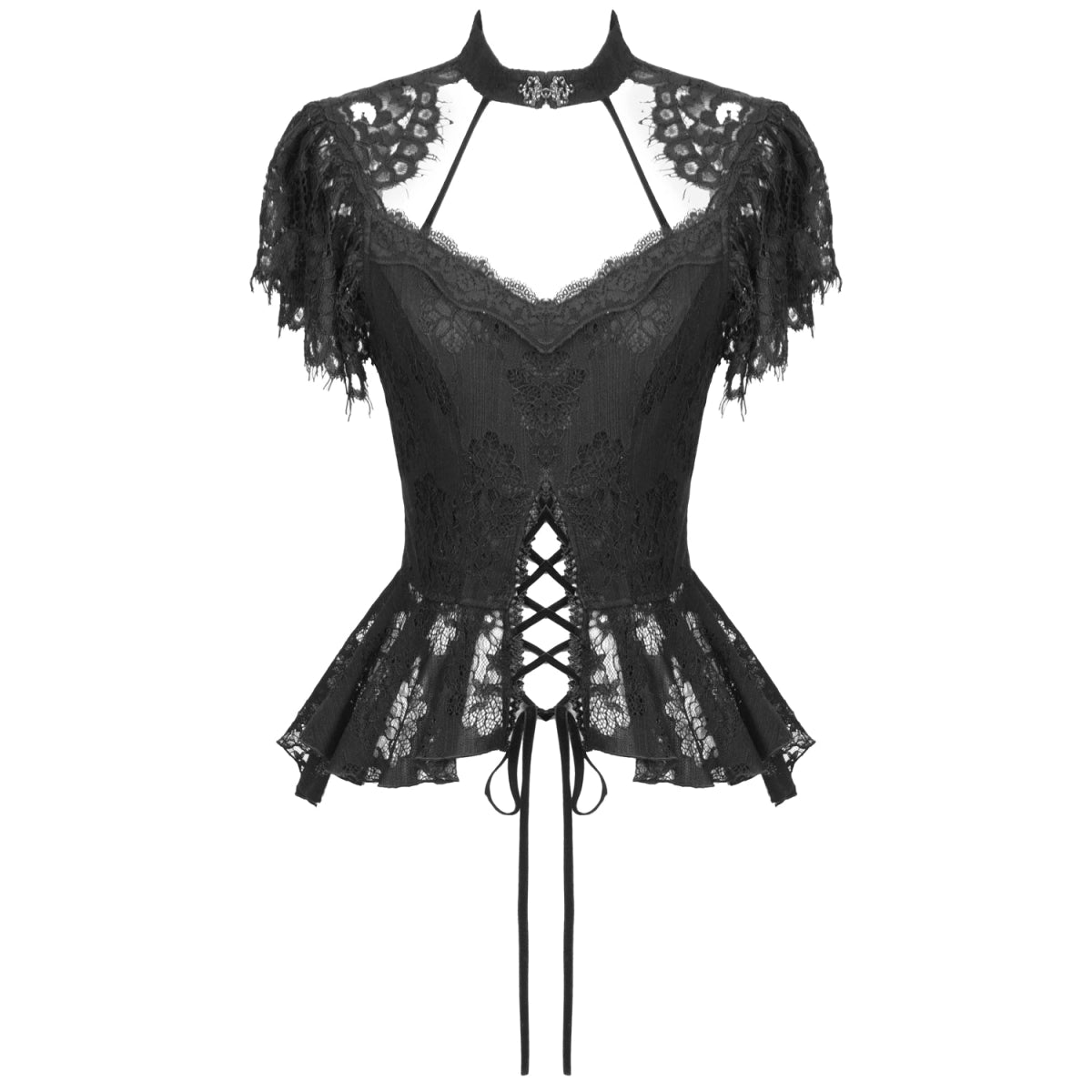 Top GĂłtico Con Cruzados y Encaje Floral Negro - Crazyinlove